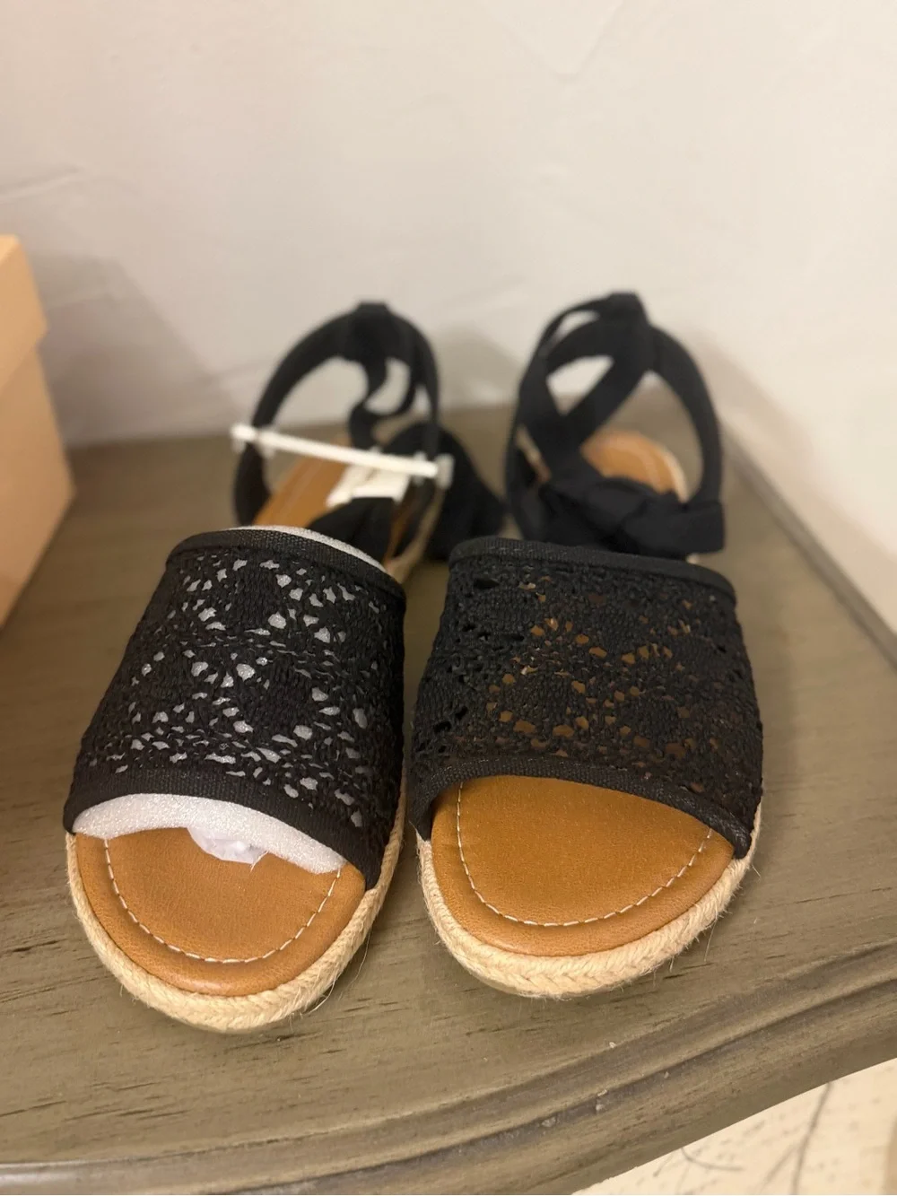 Soda Black Crochet Espadrille Sandals with Ankle Tie